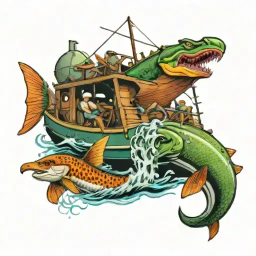 Jet Boat Fishing Scene Featuring Various Animals Hidden Within