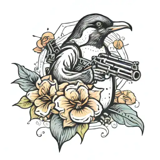 Create A Tattoo Of A Penguin With A Gun And A Flower Comes Out Of The Gun's