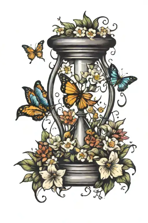 Hourglass Surrounded By Flowers With Caterpillar And Butterfly