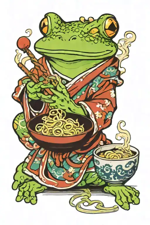 Green Frog Wearing A Japanese Robe And Eating A Bowl Of Ramen