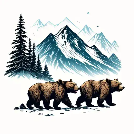 Family Of Bears Walking In Front Of A Mountain