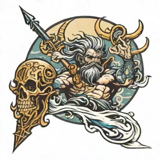 God Of Sea With Trident In Hand And Moon In Background