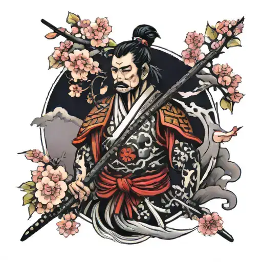 Samurai With A Temple And A Cherry Tree