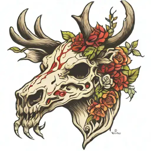 Half Deer Skull Half Deer Head Tatoo Design