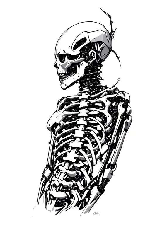 Sketch For Tattoo Black And White On The Back Robotic Spine Cyberpunk Style