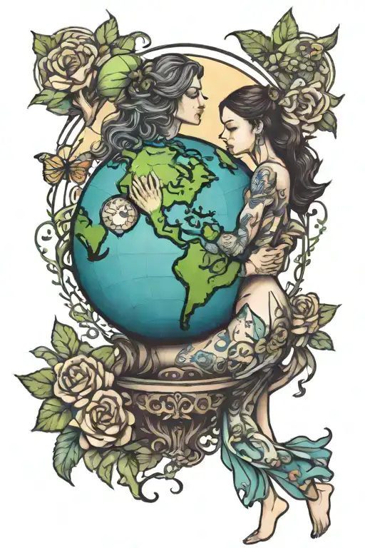 Mother Earth Girl Hugs A Globe Surrounded