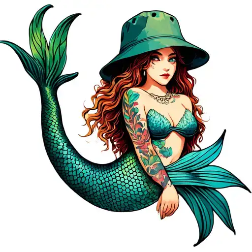 Neo Traditional Mermaid With Bucket Hat On Its Head