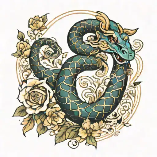 Zodiac Sign Aries In The Form Of A Snake With Flowers