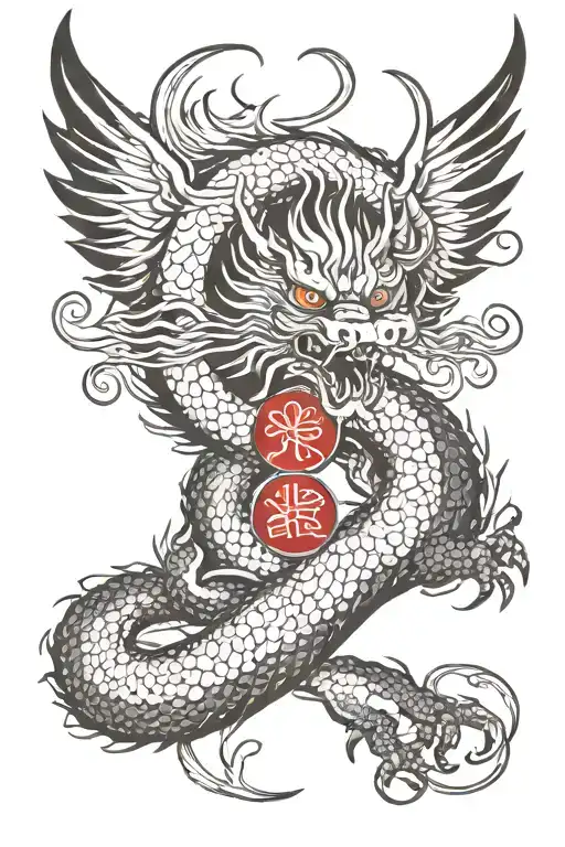 Japanese Dragon With Wings Open Surrounding Japanese Love Symbol