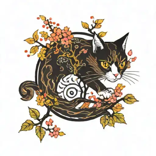 Cat Ying Yang Phoenix Sakura Tree Branches