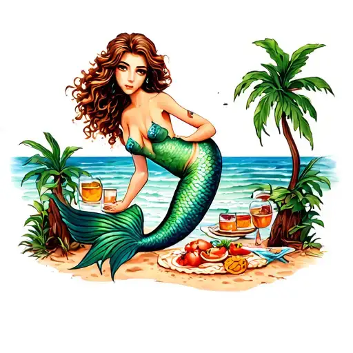 Mermaid Having Picnic On Beach Scene