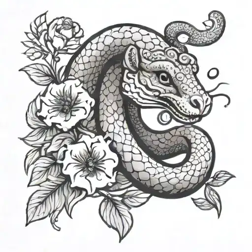 Zodiac Sign Aries In The Form Of A Snake With Flowers