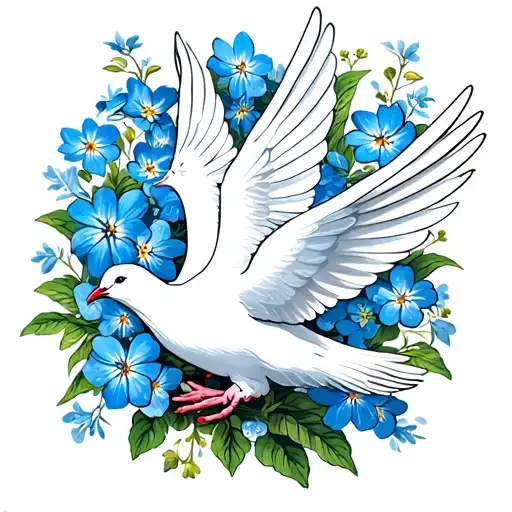 White Dove Holding Forget Me Not Flowers