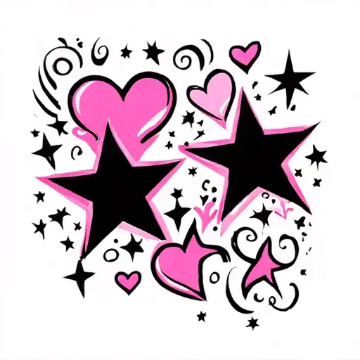 Pink And Black Stars With Hearts And Sparkles