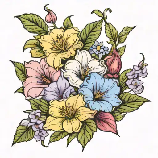 Fineline Boque Of Lily Morning Glory Violet Larkspur And Sweet Pea