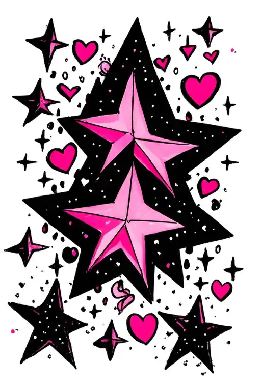 Pink And Black Stars With Hearts And Sparkles