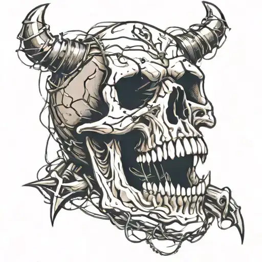 A Skull With Fangs Wraped In Barb Wire