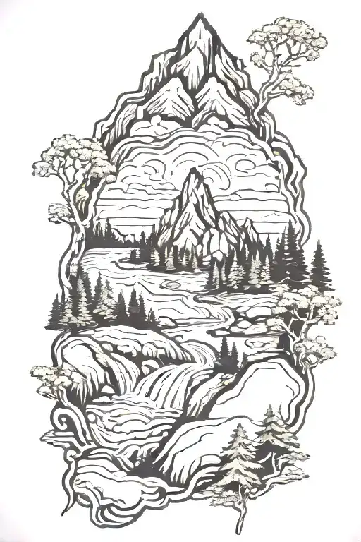 Mountain With River Flowing In The Middle Of The Forest