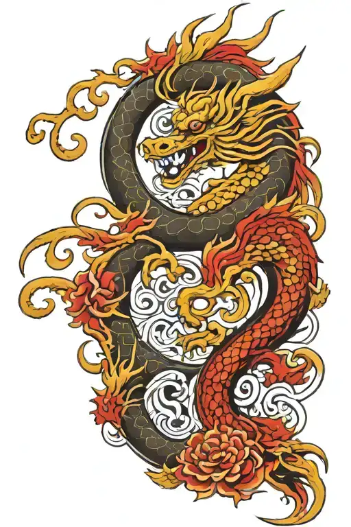 Japanese Dragon With Wings Open Surrounding Large Japanese Love Symbol