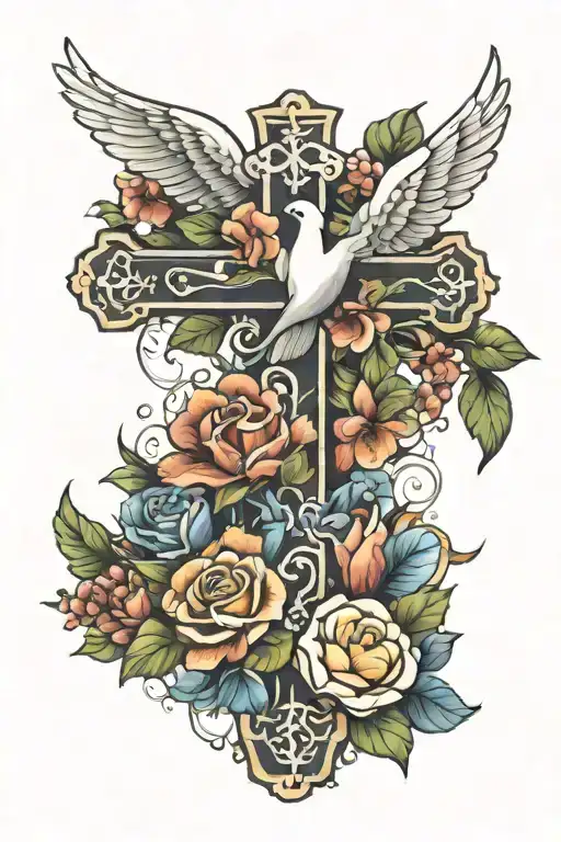 Flowers Catholic Cross With Dove