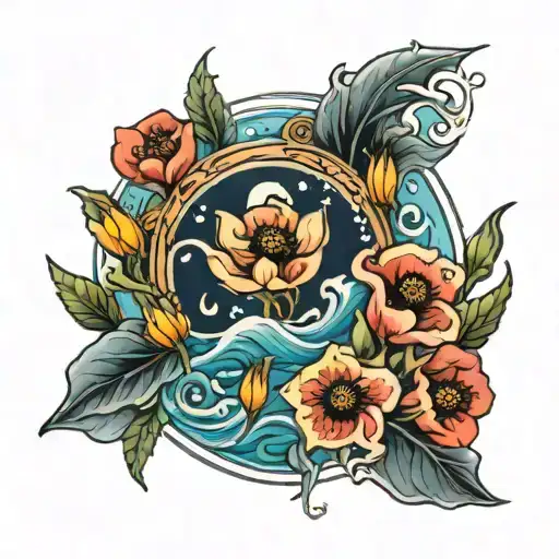 Ocean And Moon With Poppy And Daffodil Flowers