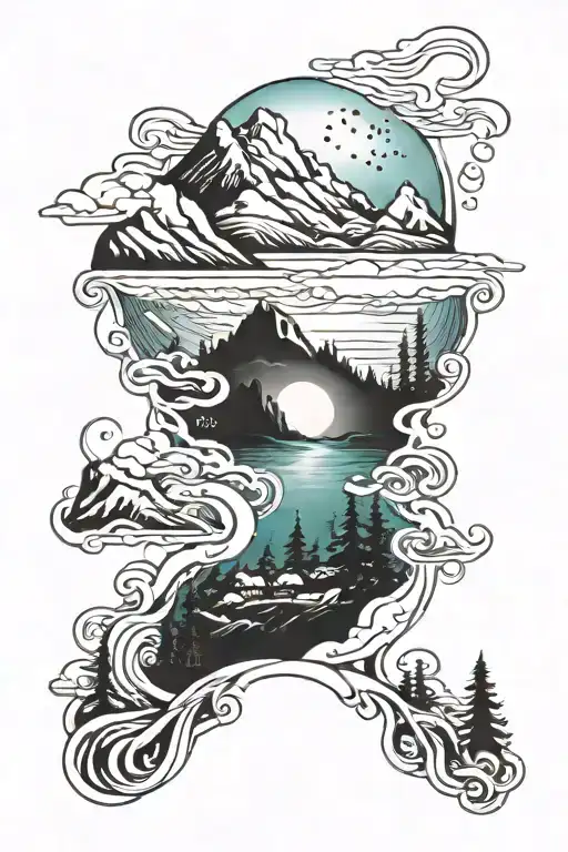 Night Time Mountain Scene With River And Northern Lights