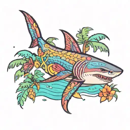 A Shark Swimming Through A Sea Of Colorful Palm Trees