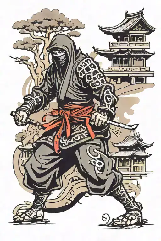 Dark Ninja With Some Oriental Houses In The Background