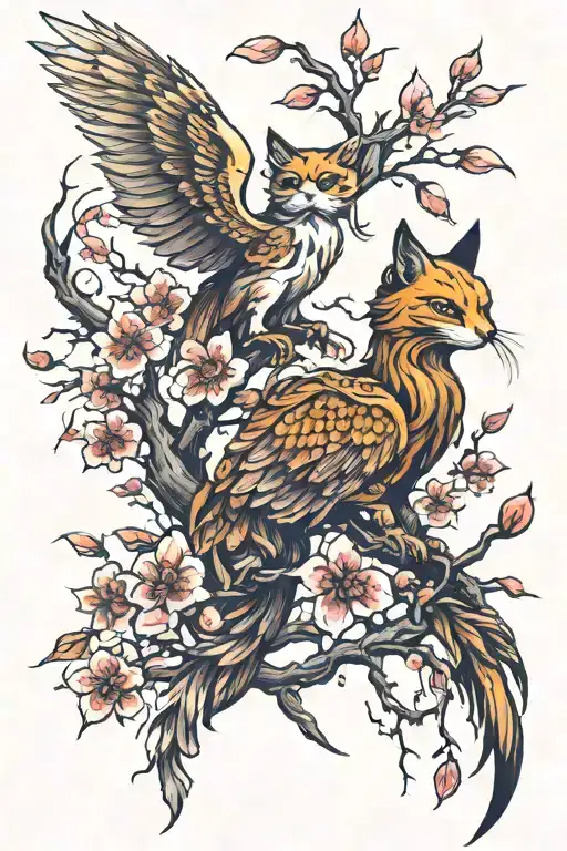Cat And Phoenix Emerging On A Sakura Branch Intertwined