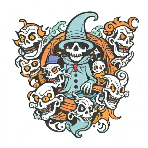 Cartoon Style 13 Ghost With Horror Characters Surrounded