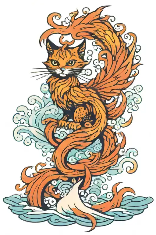 Cat In A Phoenix Form Rising From Japanese Water Waves
