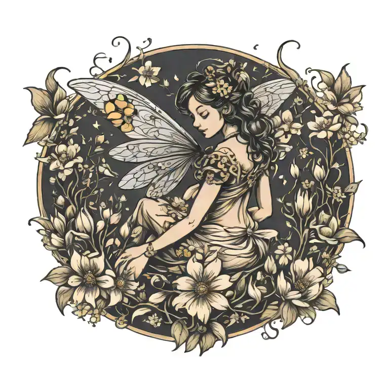 Bee Fairy Sourrounded By Flowers