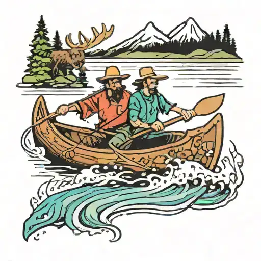 2 Guys In A Canoe In Water With Moose Behind Them