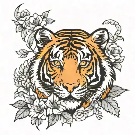 Half Sleeve Tattoo With Flowers And Tiger