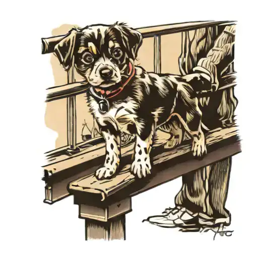 Neighbours Handing A Puppy Over The Hand Rail Line Straying Stencil