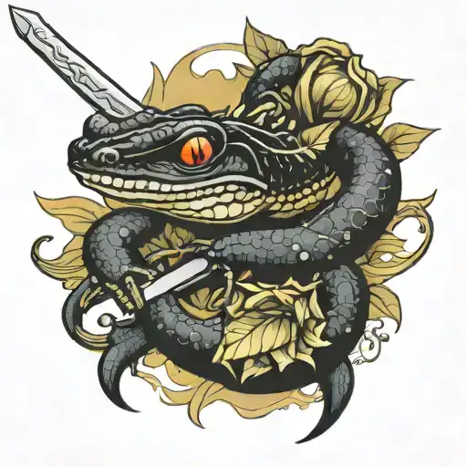 Black Salamander Wrapped Around Sword