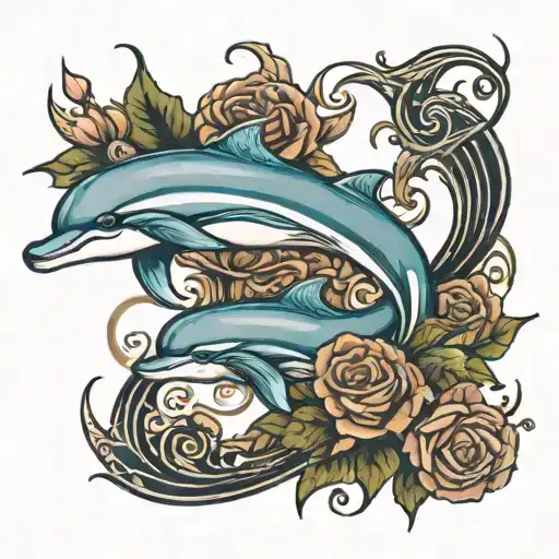 Dolphins And Roses With A Scroll Wrapped