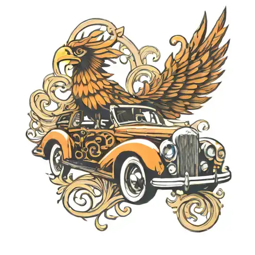A Vintage Car Transformed Into A Phoenix Bird With Intricate Details In A Neotraditional Style