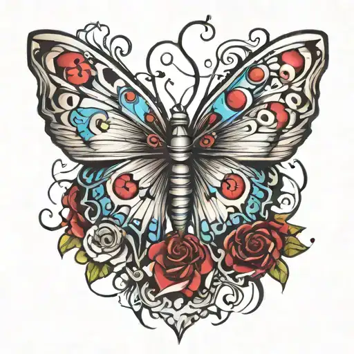 Tattoo Representig Butterfly Effect With A Wing With Tornado And Draw With Dominos Falls
