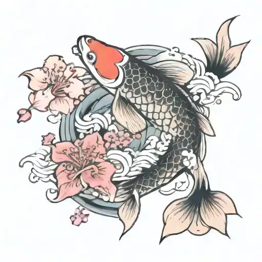 Cherry Blossoms And Koi Fish Swimming Upstream