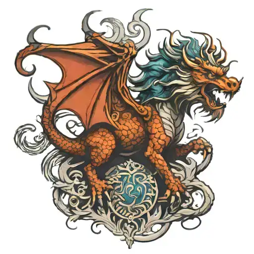 Dragon On A Lion Head Surrounded