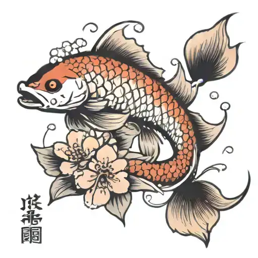 Cherry Blossoms And Koi Fish Swimming Upstream