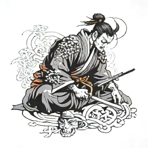 Ronin Samurai Meditating Figure Surrounded By Bushido Code
