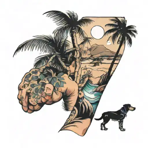 Beach With Plam Tree With A Person And A Dog Arm Sleeve