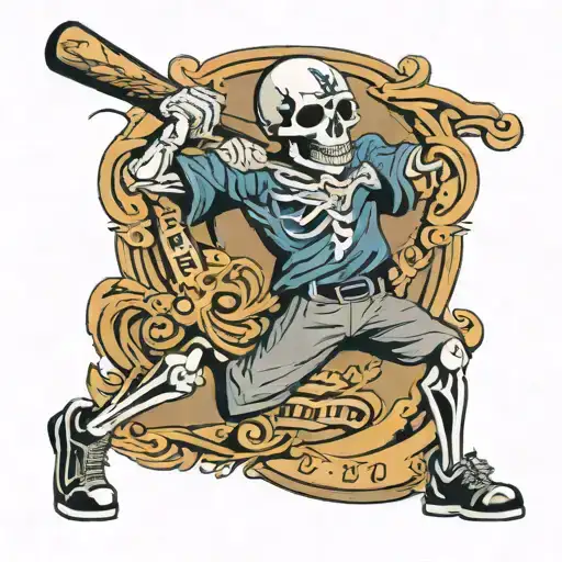 A Skelton Swinging A Baseball Bat Wearing A Yankee Cap