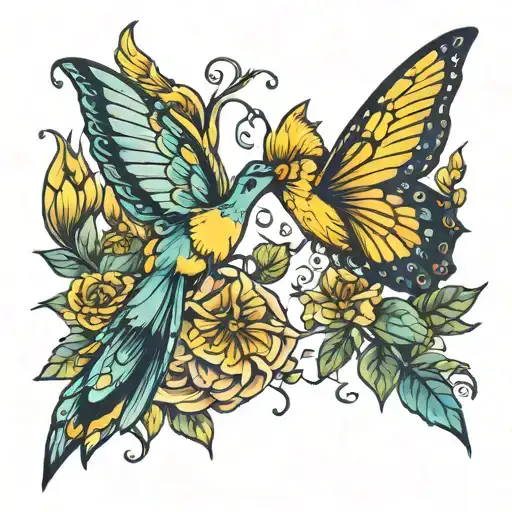 Yellow Butterfly And Hummingbird