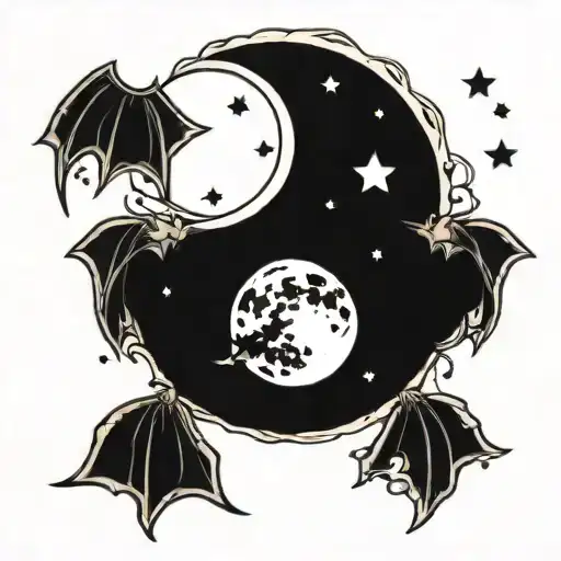 Crescent Moon With Stars And Bats
