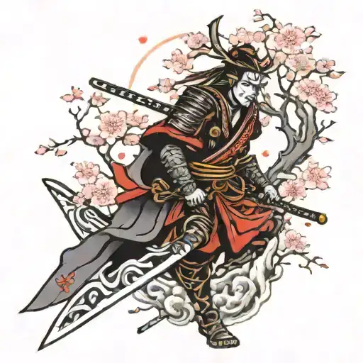 Samurai Warrior And Cherry Blossom Tree Growing