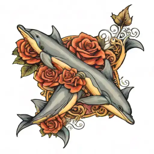 Dolphins And Roses With A Scroll Wrapped