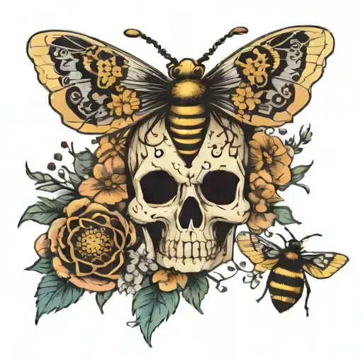 Skull Moth Surrounded By Flowers With Bees Flying